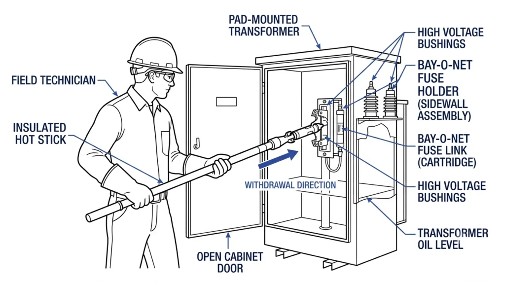 Técnico de campo utilizando uma vara isolante para substituir o fusível Bay-O-Net em um transformador