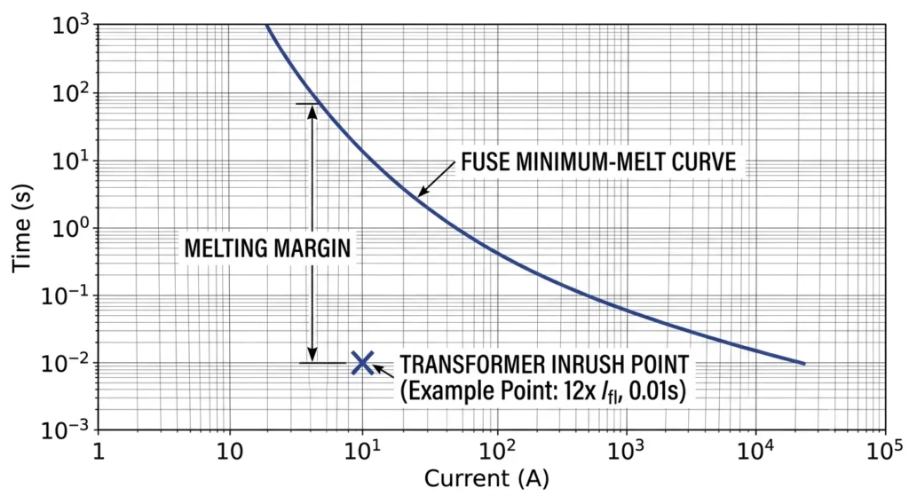 Curva característica tempo-corrente mostrando a curva de fusão do fusível e a margem de corrente de irrupção do transformador