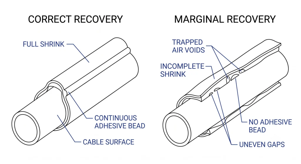 Recuperação correta versus recuperação marginal do tubo termorretrátil na borda da manga de junção com cordão de adesivo