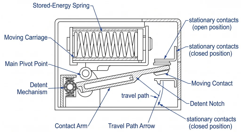 Stored-energy mechanism cutaway diagram for 2-position and 4-position LBS