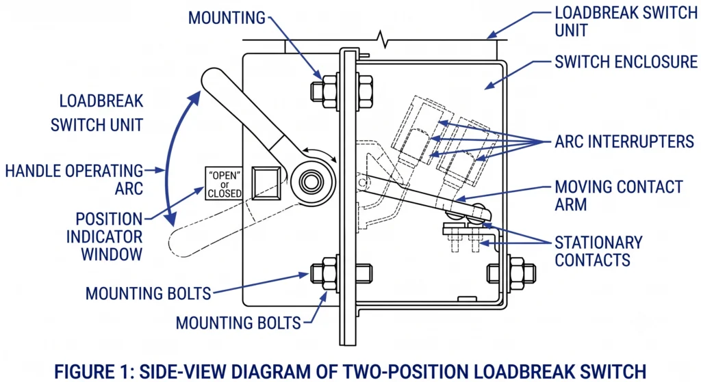 Two-position loadbreak switch handle travel and indicator alignment diagram