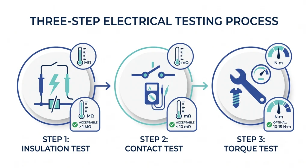 LBS commissioning electrical test sequence acceptance range infographic