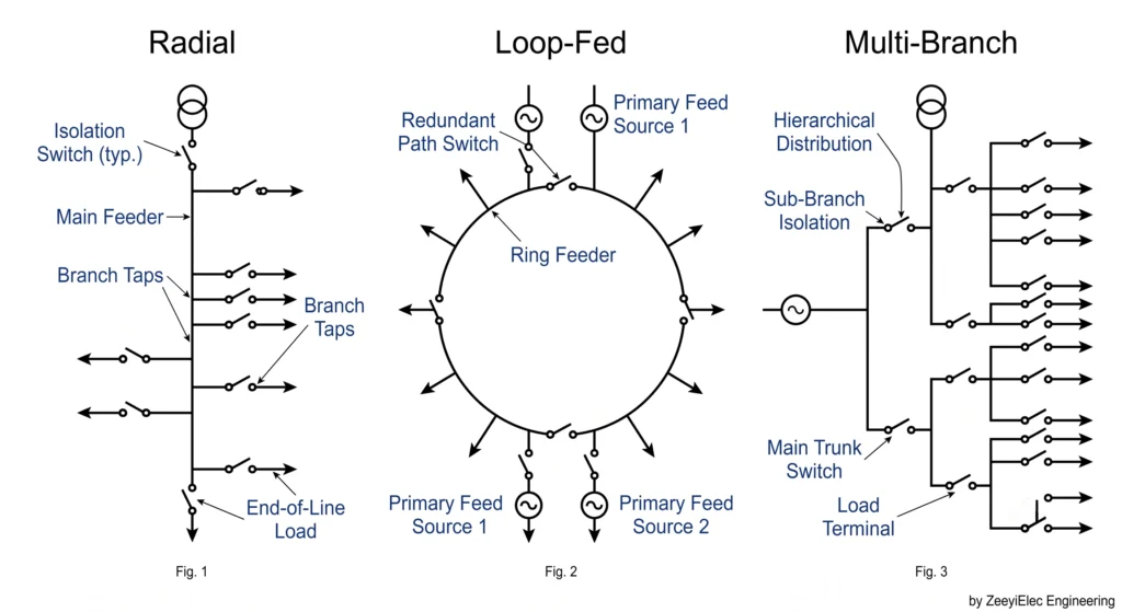 Radial, loop-fed, and multi-branch topology diagram with loadbreak switch positions