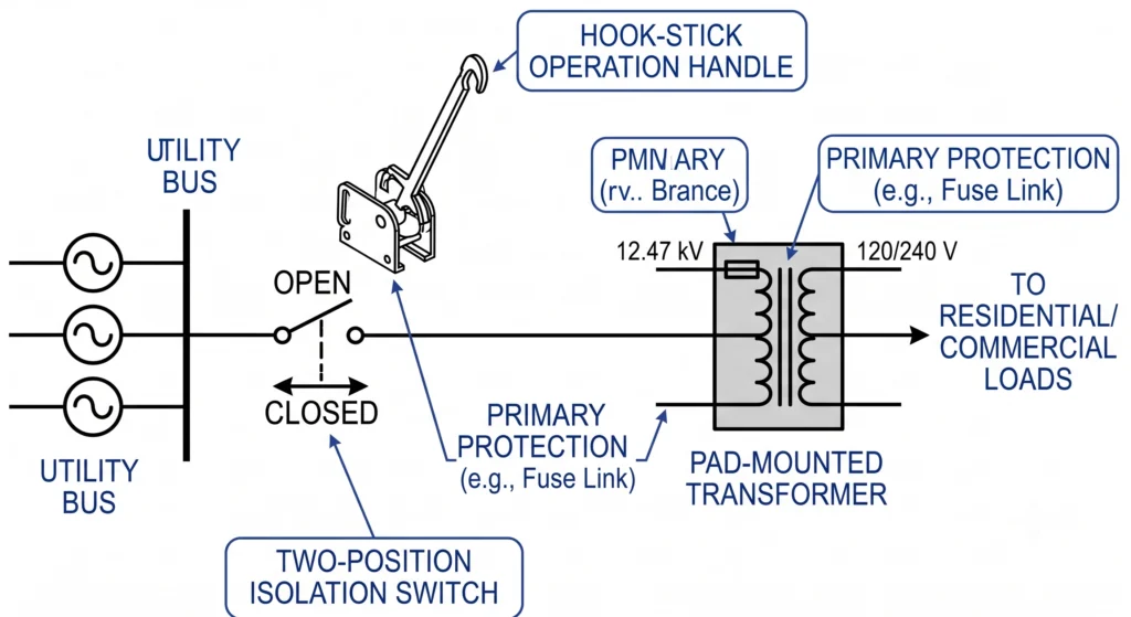 Two-position loadbreak switch on radial feeder single isolation point diagram