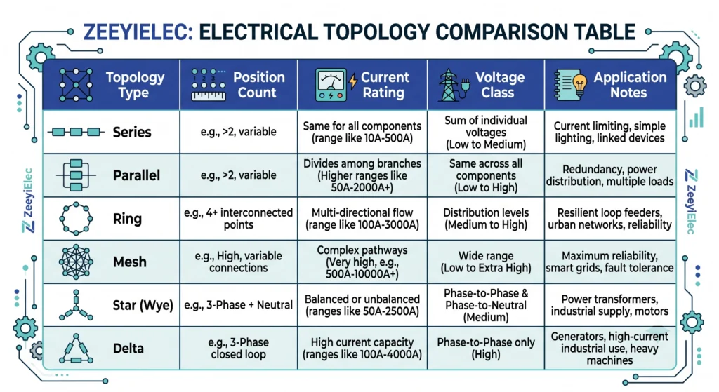 Topology versus switch configuration and current rating selection matrix table