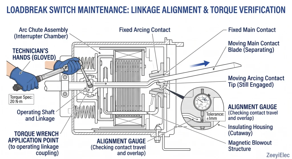 Técnico realizando verificação de torque no eixo de acionamento de um disjuntor de carga