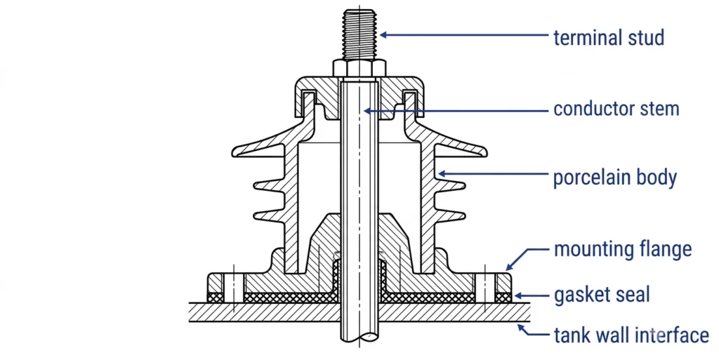 Diagrama em corte de um buchão cerâmico de baixa tensão, mostrando a haste, o corpo de porcelana e a vedação do flange