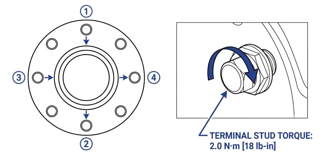 Diagrama de sequência de aplicação de torque para parafusos de flange com bucha cerâmica
