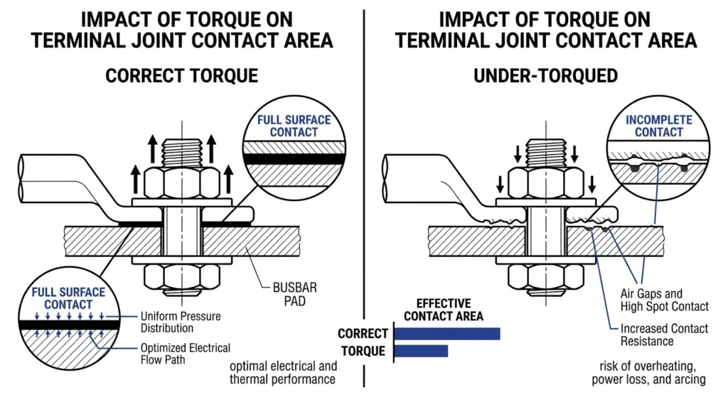 Comparação entre o contato correto e o contato com torque insuficiente na junta do terminal da bucha do LV