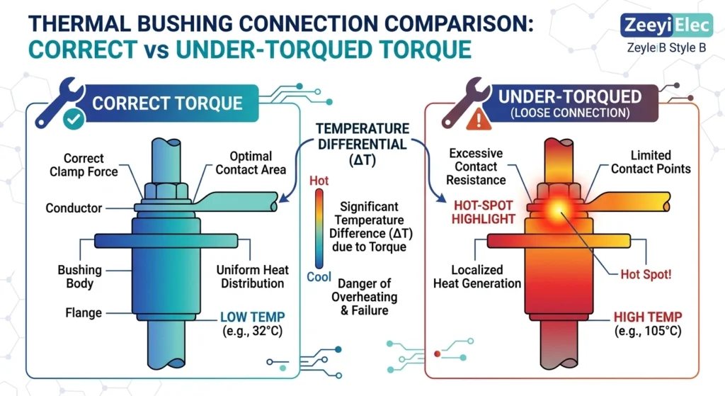 Infográfico comparativo térmico entre terminais de bucha apertados com o torque correto e aqueles com torque insuficiente