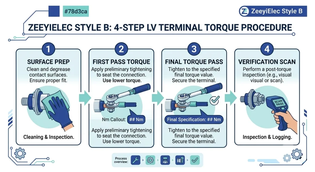 Infográfico passo a passo mostrando a sequência de instalação e verificação do torque do terminal com bucha LV