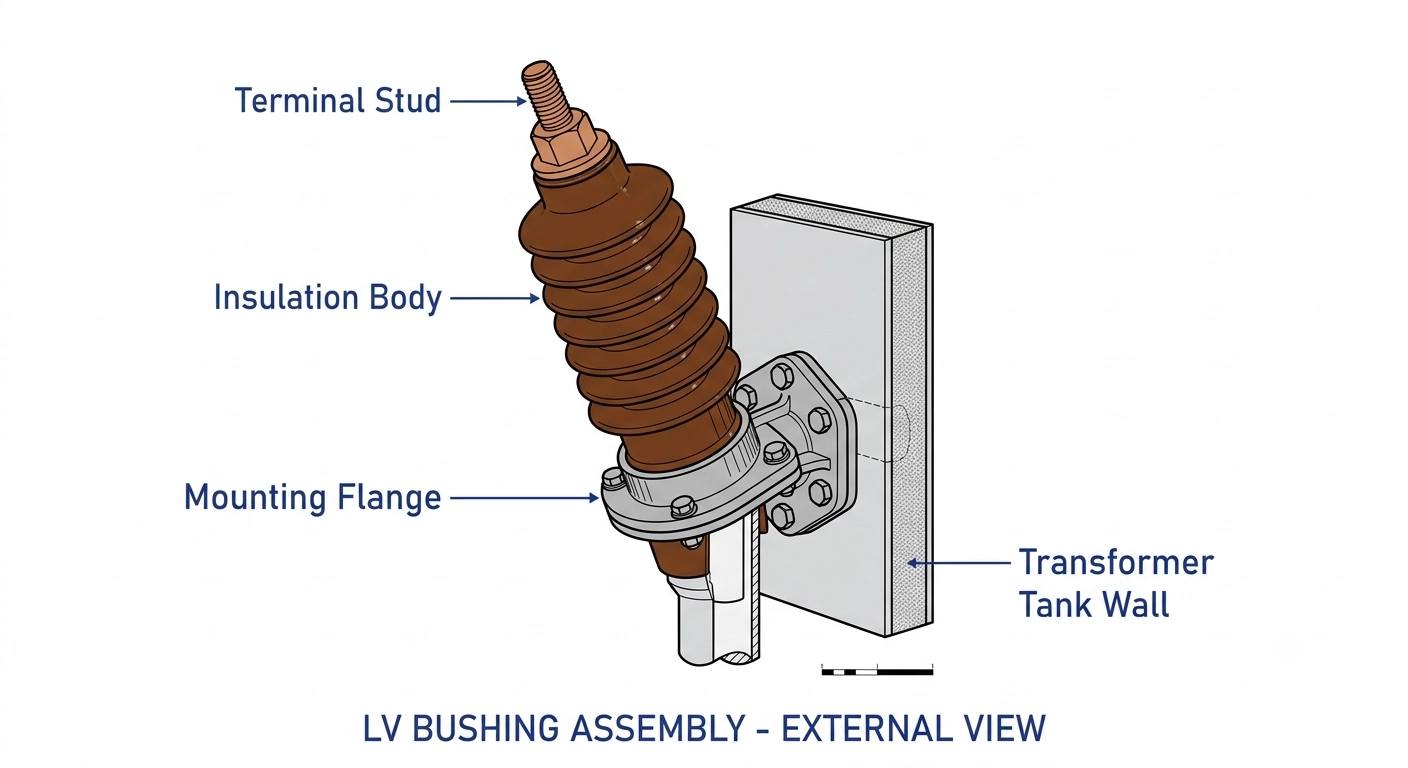 Low voltage bushing interface cross-section for high-current transformer applications