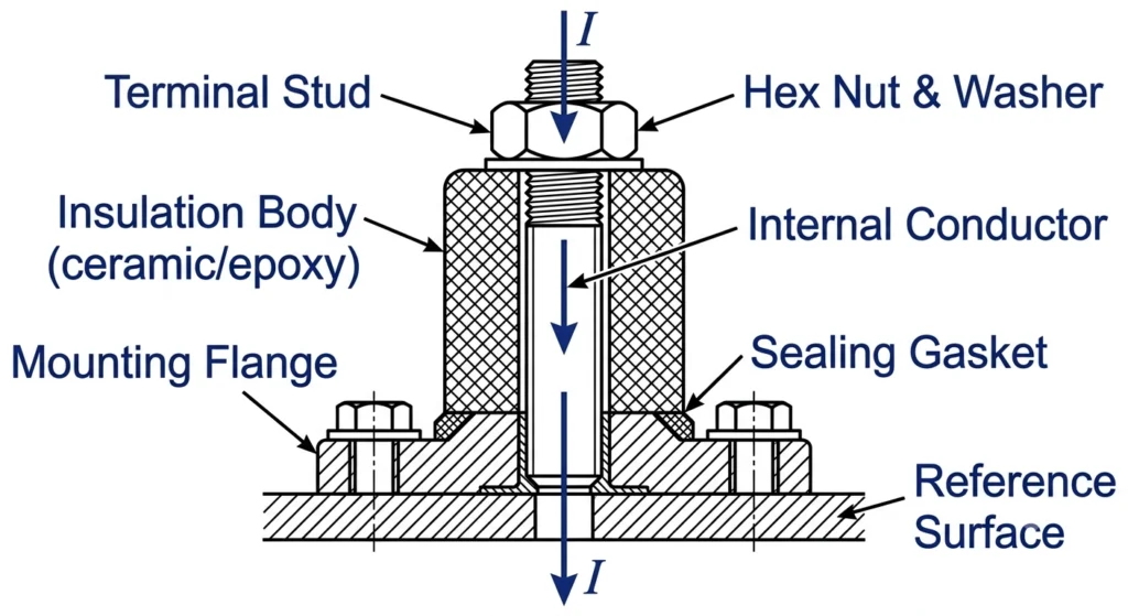 Cutaway diagram of LV bushing terminal stud insulation body and mounting flange