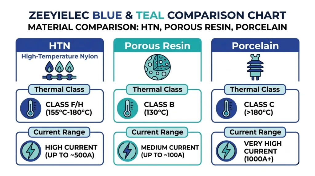 HTN porous resin porcelain material comparison chart for bushing interfaces