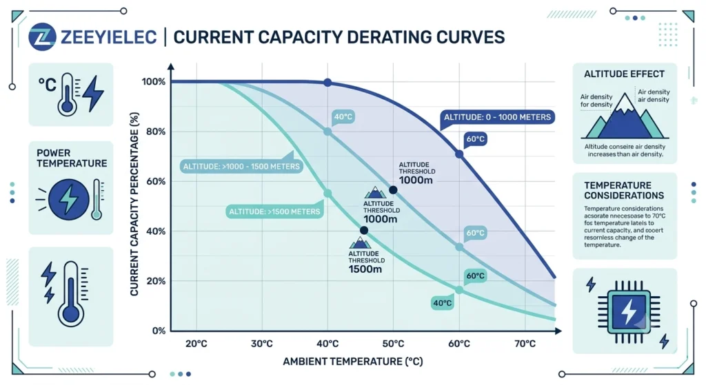 Gráfico de la curva de reducción de potencia que muestra la capacidad de corriente de los pasacables de baja tensión en función de la temperatura ambiente y la altitud