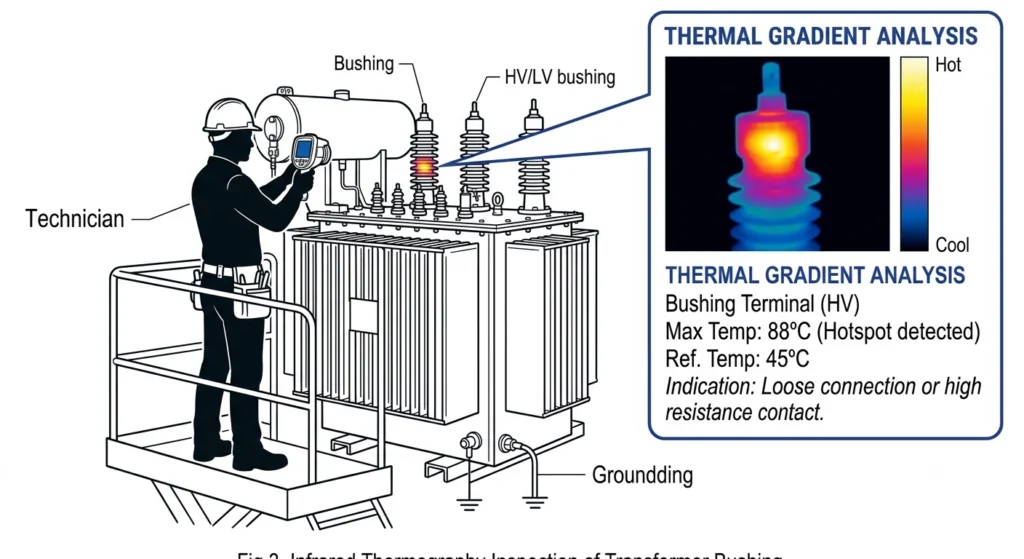 Técnico realizando un escaneo con cámara termográfica en la conexión del terminal del pasacables del LV