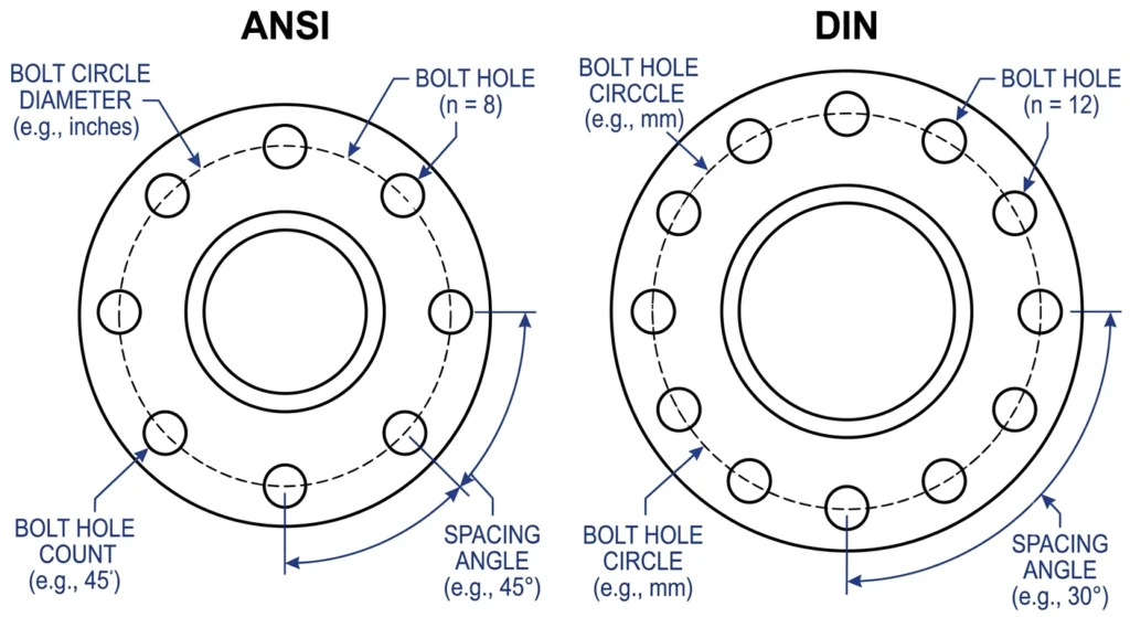 Diagrama comparativo dos padrões de círculo de parafusos de flange com bucha ANSI e DIN, com dimensões
