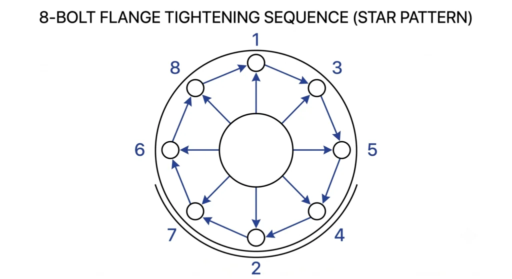 Diagramm zur Anzugsreihenfolge der Schrauben im Sternmuster für einen 8-Schrauben-Buchsenflansch