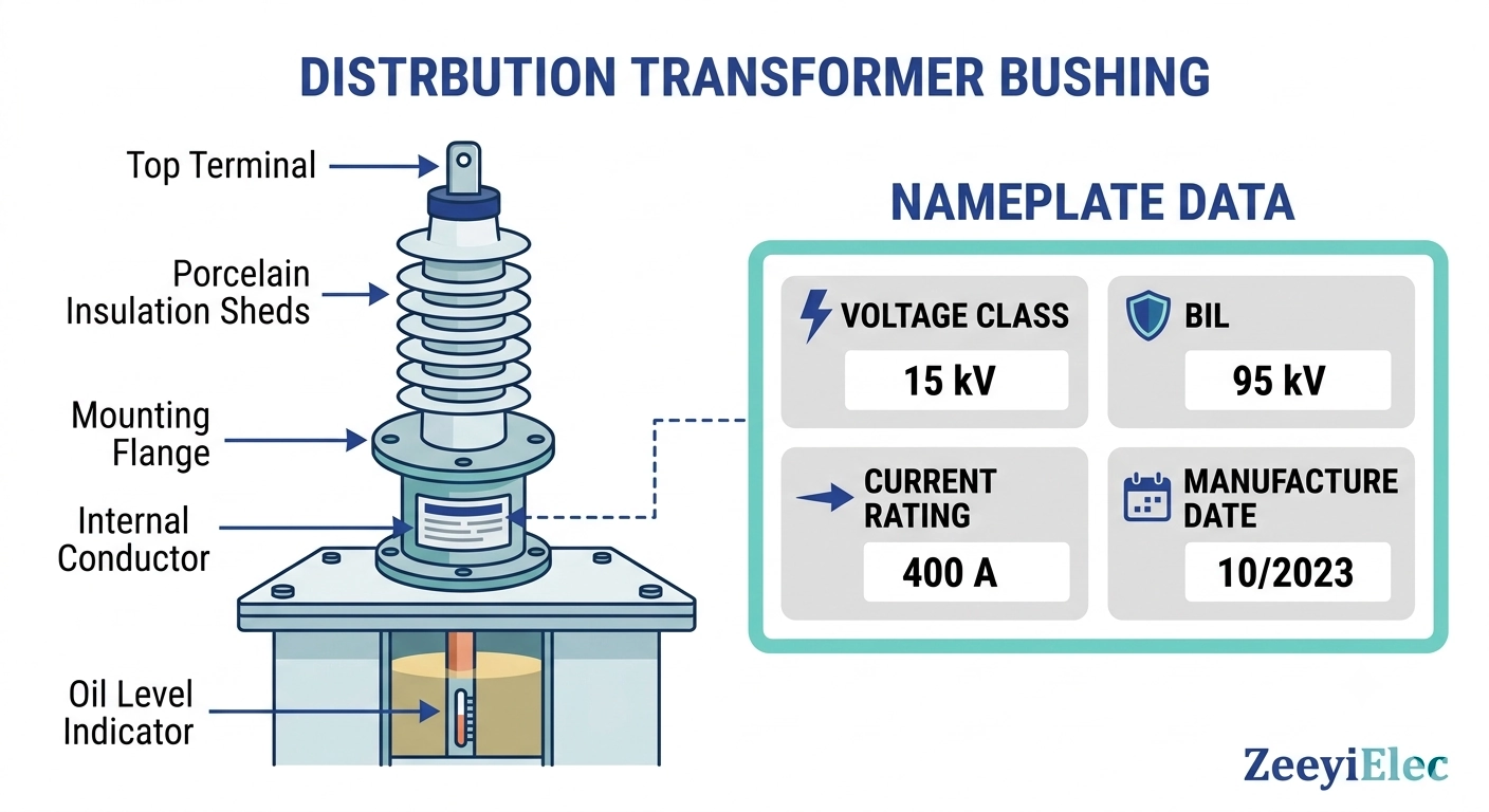 MV bushing nameplate diagram showing voltage class, BIL, and current rating fields
