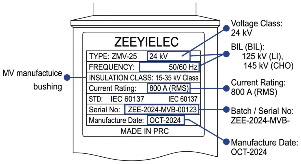Annotated MV bushing nameplate with voltage class and BIL callouts labeled