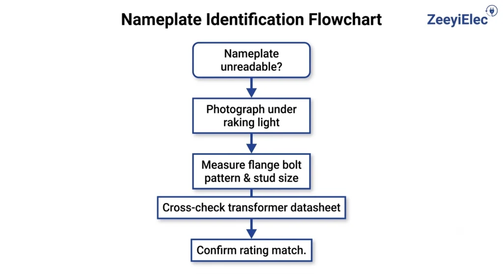 Flowchart for verifying bushing ratings when nameplate data is unreadable