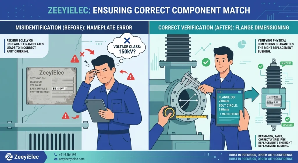Before and after comparison of a misread bushing nameplate replacement order
