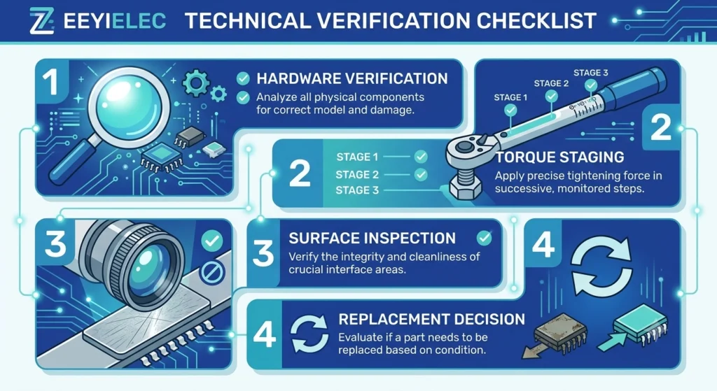 Infográfico com lista de verificação preventiva para práticas de prevenção de retrabalho em terminais com buchas de MV