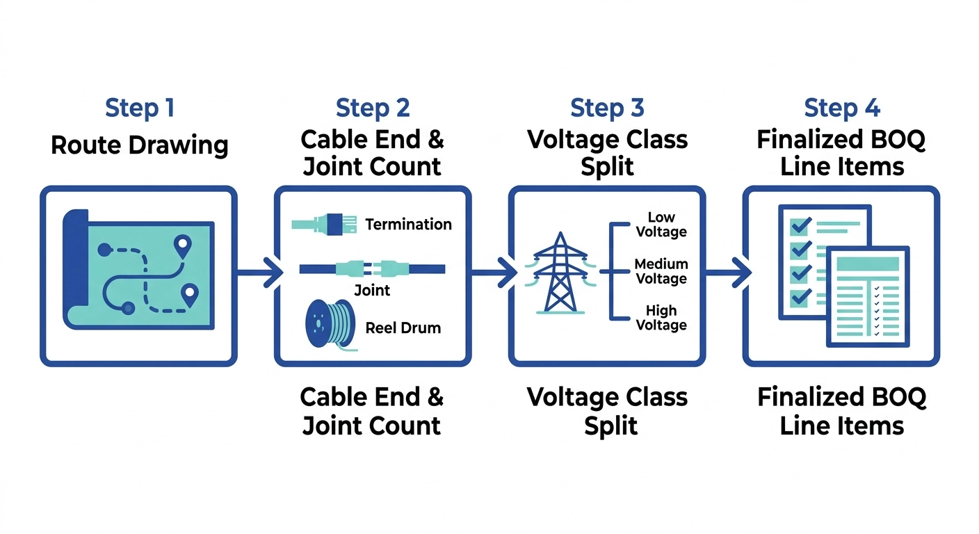 Cable accessory BOQ workflow for EPC projects showing terminations joints and voltage class