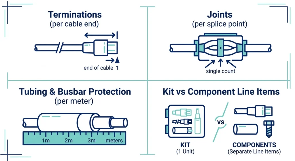 Four cable accessory BOQ categories terminations joints tubing busbar protection kits