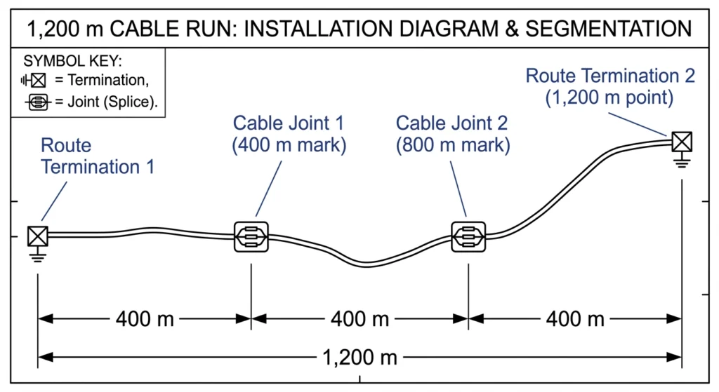 MV cable route diagram showing reel segments and joint placement for quantity takeoff
