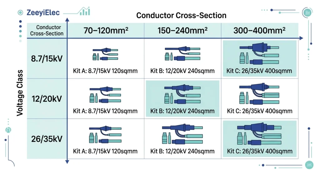 Voltage class and conductor cross section matrix for cable accessory kit selection
