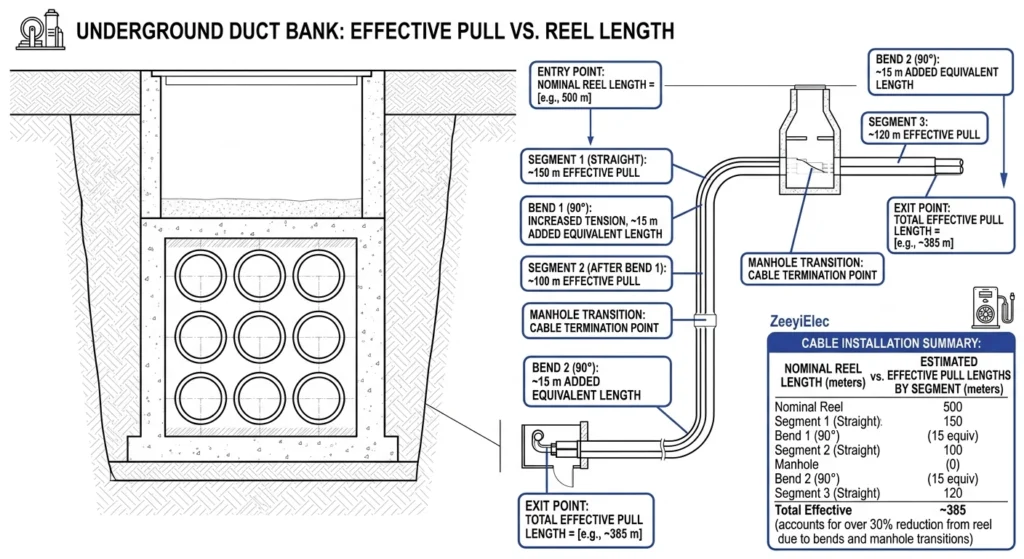 Duct bank cross section showing bends reducing effective cable pull length for joints
