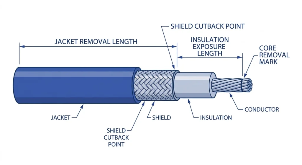 Cross-section diagram of prepared MV cable end showing shield cutback and insulation exposure length