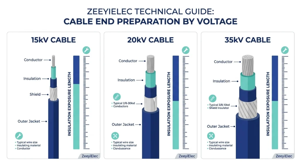 Comparison of cold shrink cable strip dimensions across 15kV 20kV and 35kV voltage classes