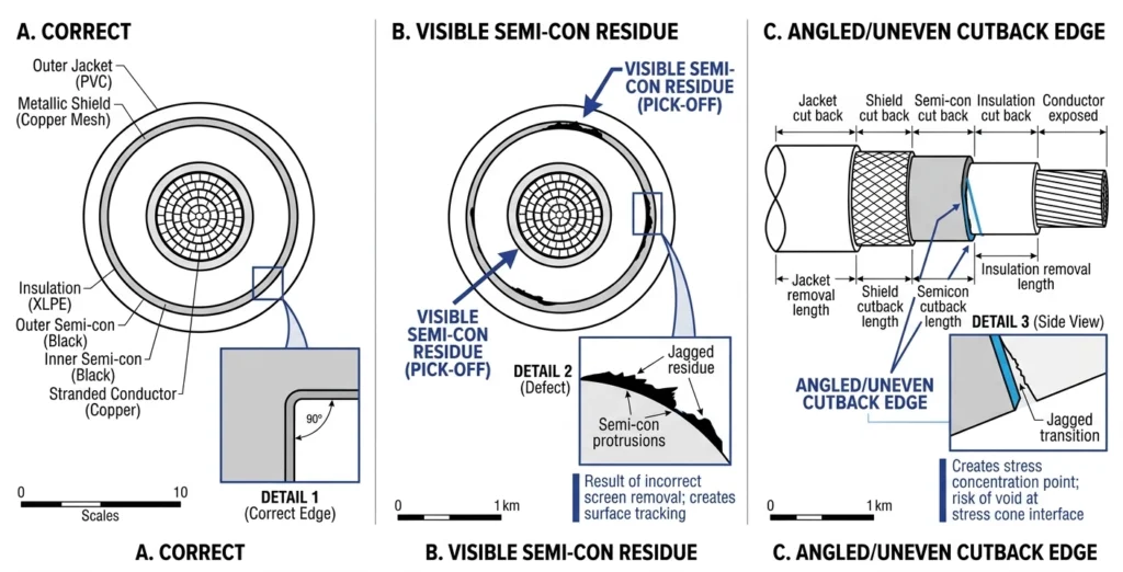 Diagram comparing correct versus incorrect cold shrink cable preparation cutback and residue defects