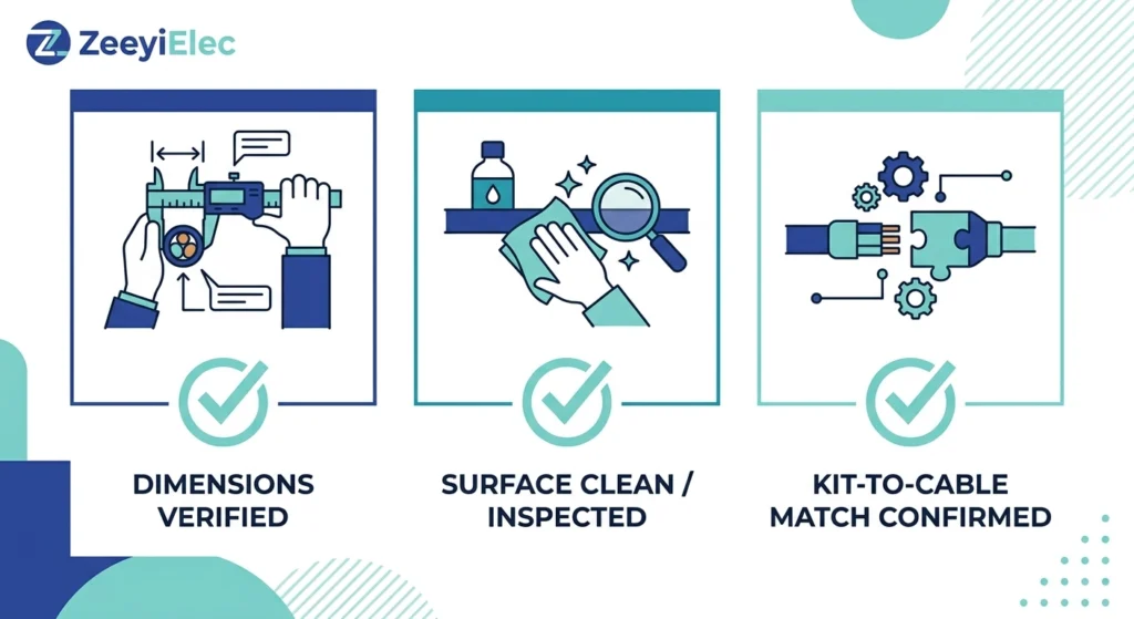 Pre-installation verification checklist graphic for cold shrink cable termination preparation
