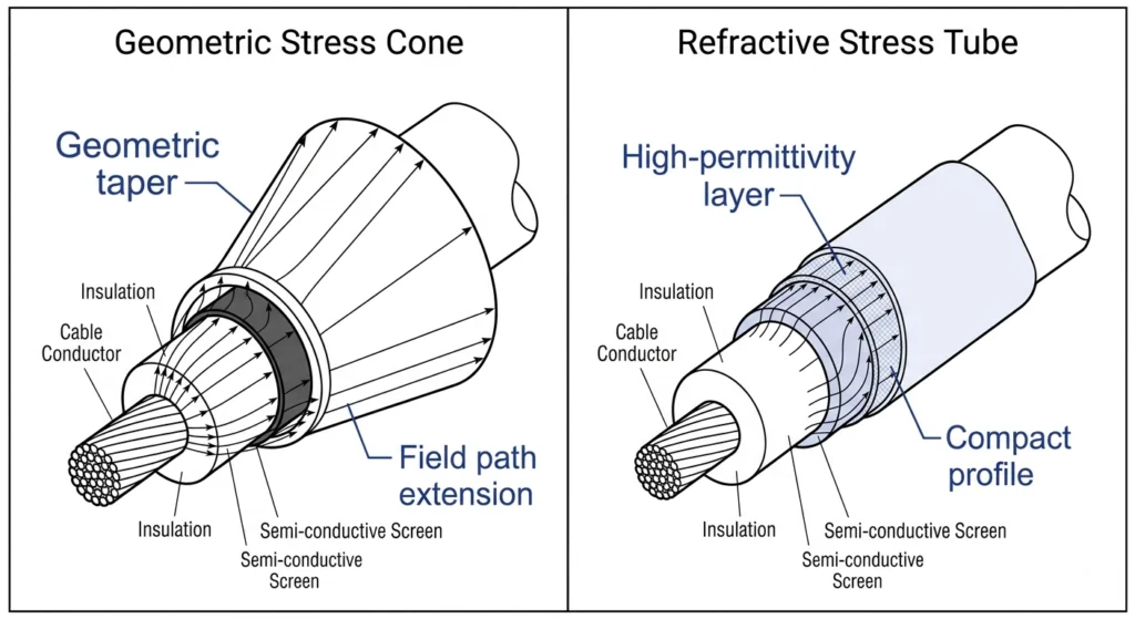 Geometric stress cone versus refractive stress tube cross-section comparison diagram