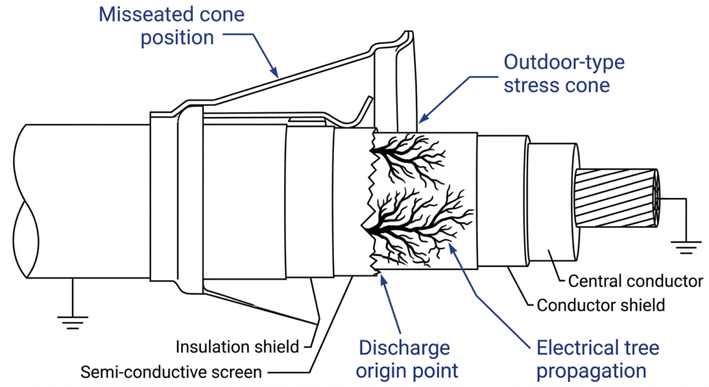 Electrical tree propagation from misseated stress cone toward cable conductor