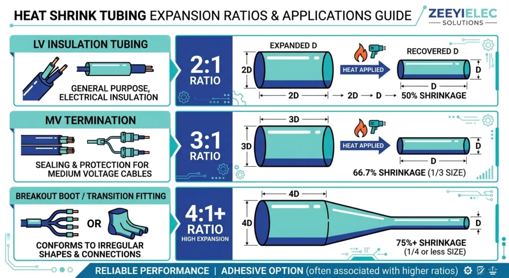 Three-tier comparison chart of 2:1 3:1 4:1 heat shrink recovery ratio applications