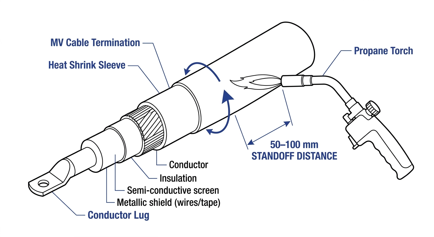 Heat source control technique for heat shrink cable accessory installation preventing overheating damage