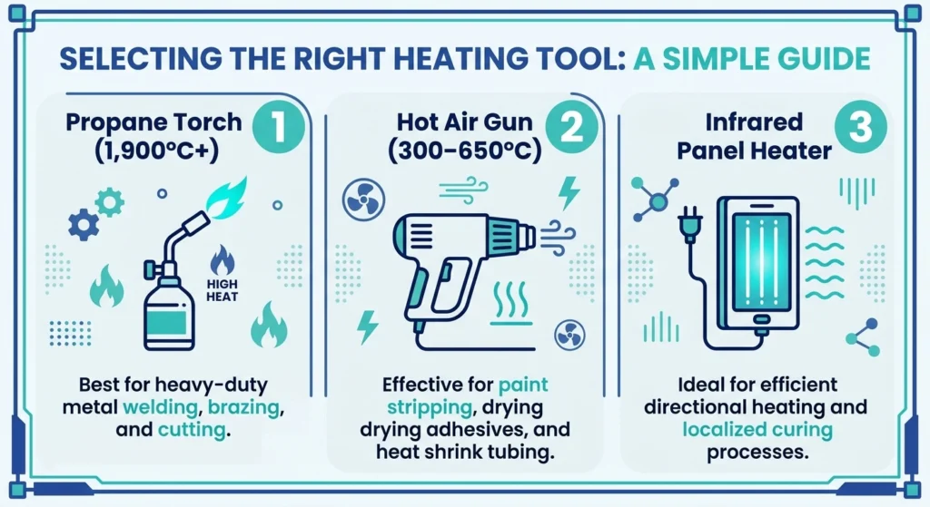 Comparison infographic of torch heat gun and infrared heater for cable accessory installation