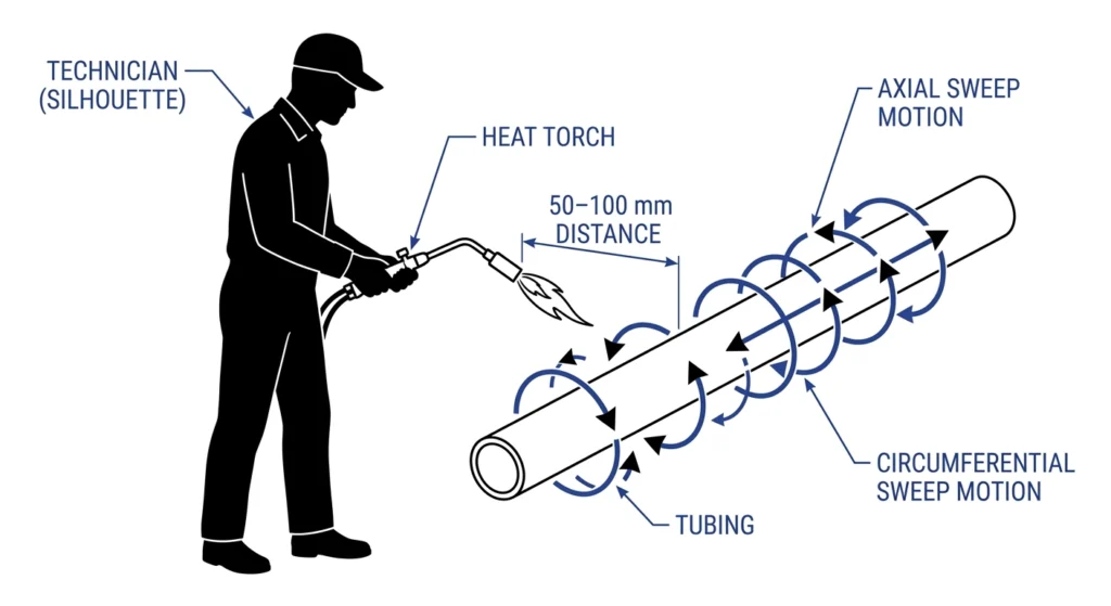 Technician demonstrating correct torch distance and circumferential sweep motion on cable termination