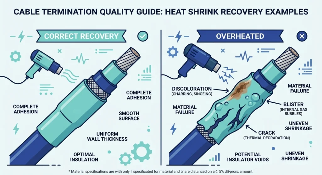 Side by side comparison of properly recovered versus overheated heat shrink tubing surface