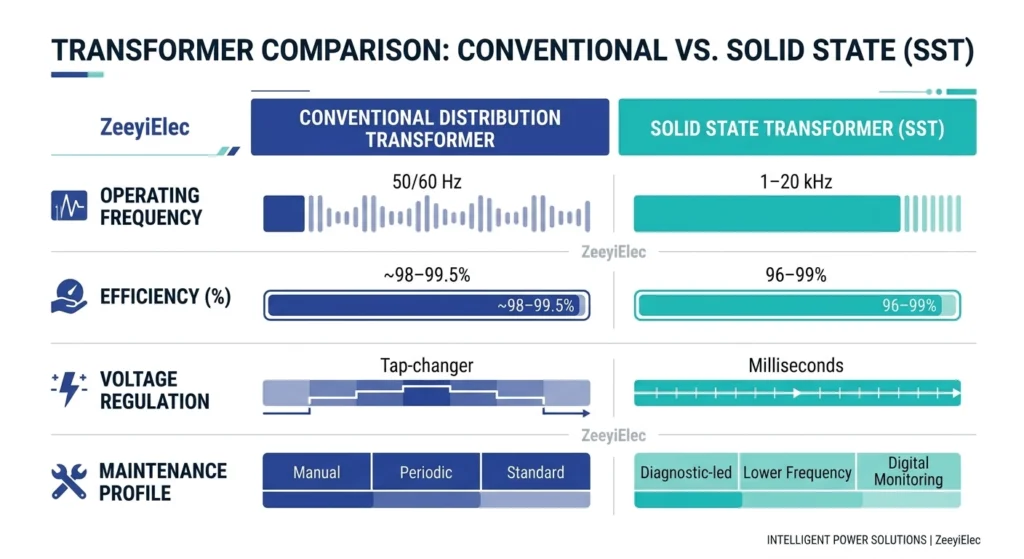 Infográfico comparativo entre o SST e o transformador de distribuição convencional, abordando eficiência, regulação de tensão e perfil de manutenção