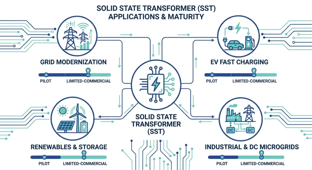 Mapa de aplicações de transformadores de estado sólido, mostrando a modernização da rede elétrica, o carregamento rápido de veículos elétricos, as energias renováveis e casos de uso industrial