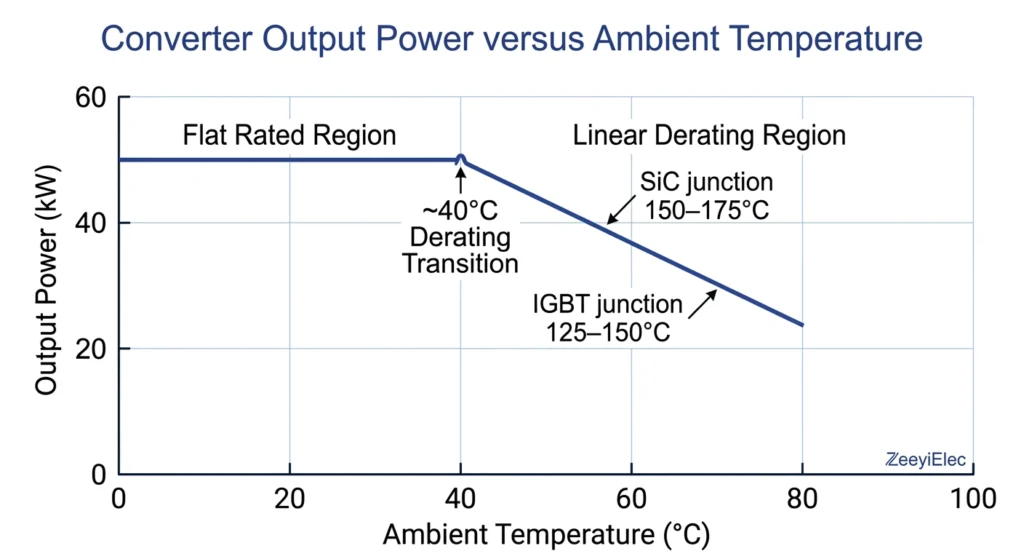 Curva de redução térmica da saída do estágio conversor SST em função da temperatura ambiente, com os limites de temperatura de junção indicados