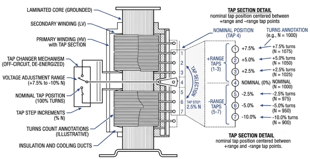 Transformer winding cutaway showing tap points and turns ratio adjustment for tap range