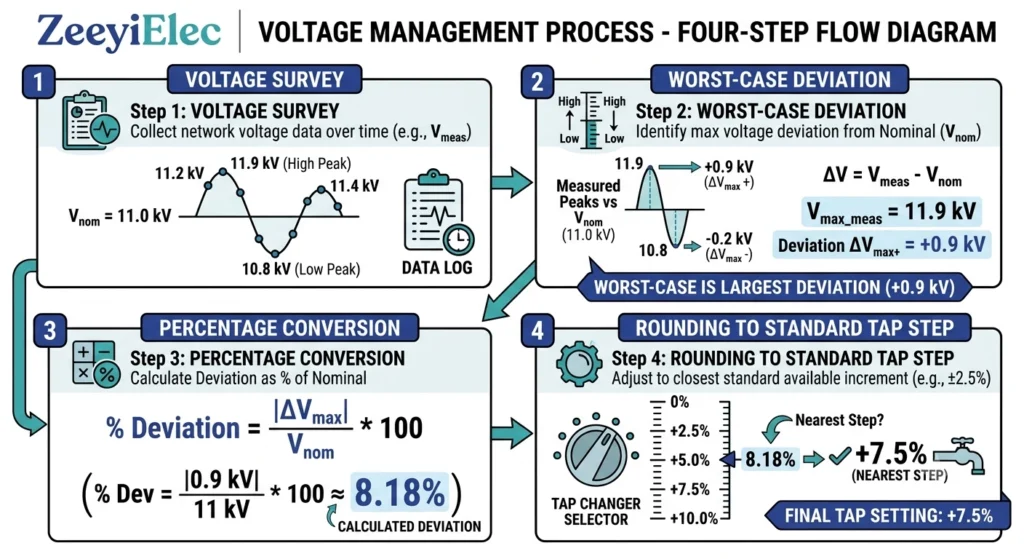 Four-step flow diagram for calculating distribution transformer tap range percentage