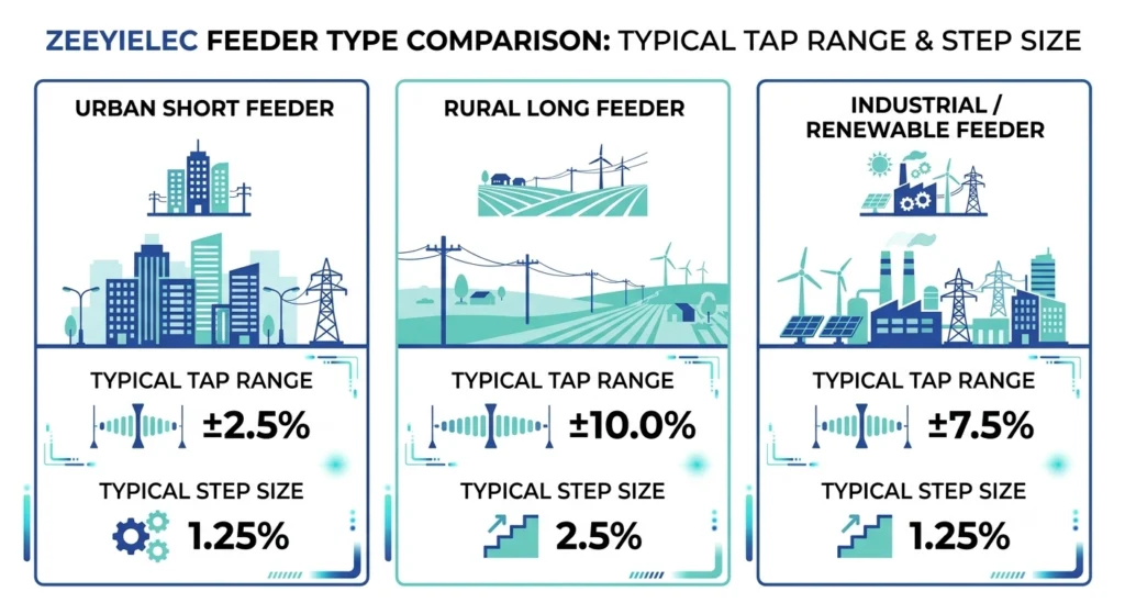 Comparison infographic of tap range values for urban rural and industrial transformer feeders