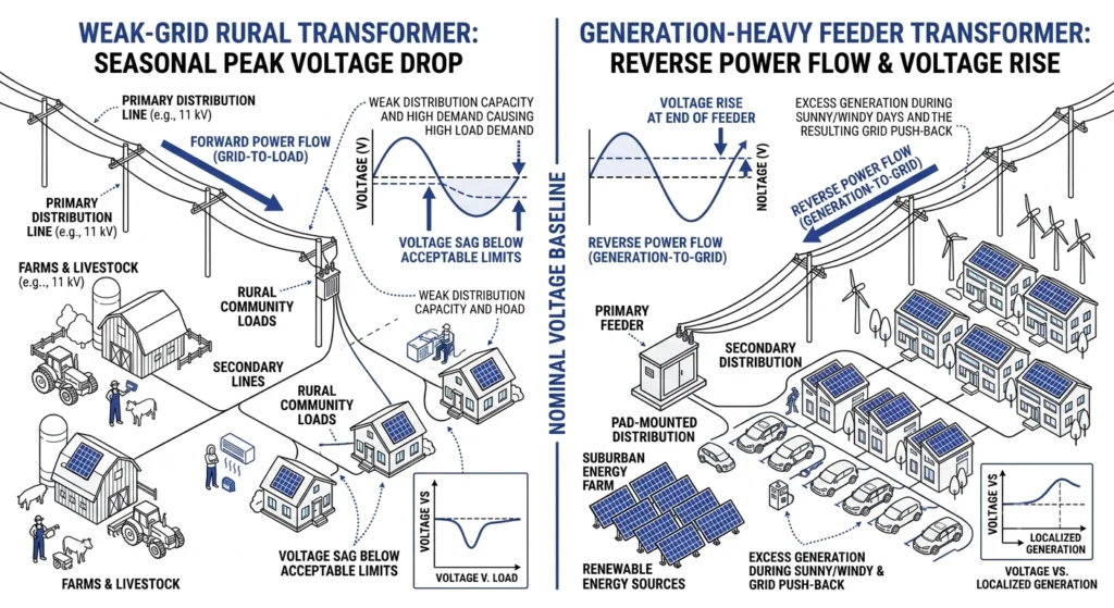 Weak grid versus generation-heavy feeder voltage behavior affecting transformer tap range